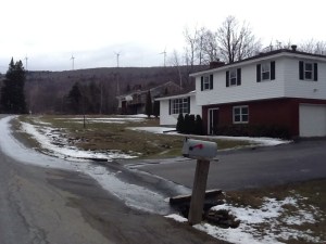 looking up Tilda Hill Road with turbines